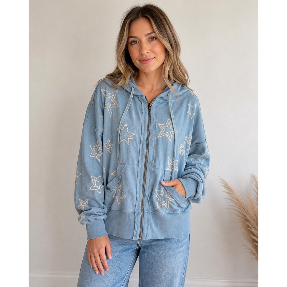 Kyla Seo Comfort Star Embroidered Zip Hoodie Large Boho Coastal Y2K Sreetwear